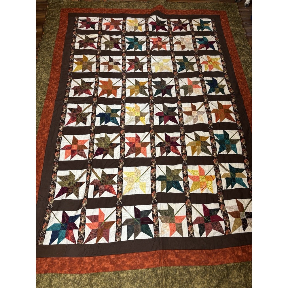Handmade Patchwork Throw Quilt 91x67 Leaf/Deer Machine Stitch Fall Masculine